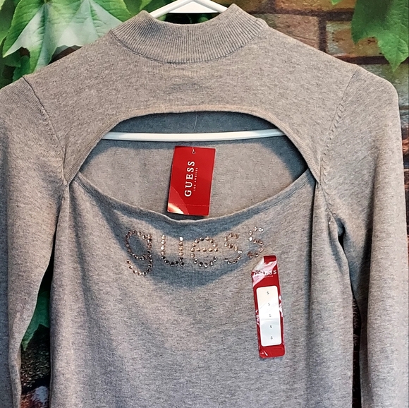 Long Sleeve Mock Cut-Out Jeweled Logo Sweater - Picture 2 of 4